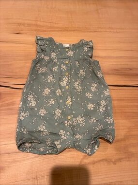 H&M Sage Green Floral Baby Romper with Ruffle Sleeves